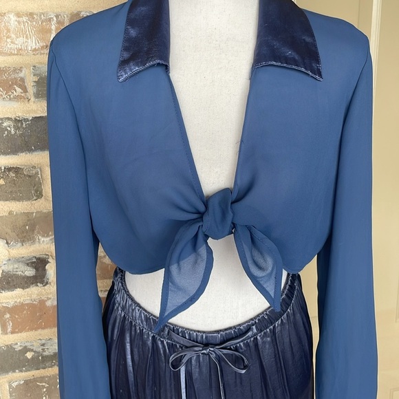 Vintage Judy Knapp Slate Blue Satin Pants Set Sheer Self Tie Halter Top Rayon LG - Picture 4 of 14